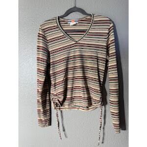 Womens Juniors Weavers Girl Y2K Pink Striped‎ Long Sleeve V Neck Tee Size L
